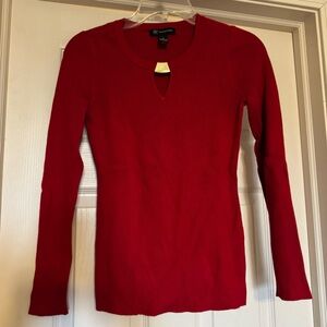 INC International Concepts Red Ribbed Long-Sleeve Top with Gold Accent Keyhole